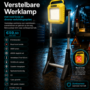 Verstelbare Werklamp met rood kruis en diverse verlichtingsopties wit